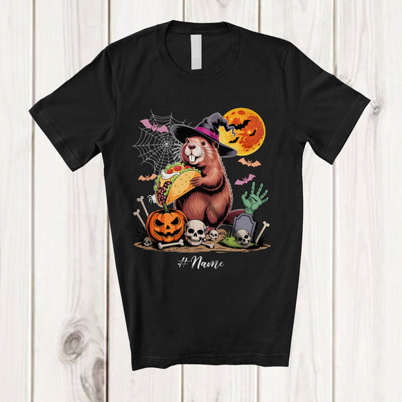 MacnyStore - Personalized Witch Beaver Holding Taco; Humorous Halloween Custom Name Lunch Lady Chef T-Shirt