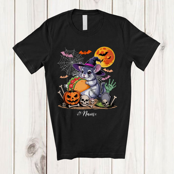 MacnyStore - Personalized Witch Chinchilla Holding Taco; Humorous Halloween Custom Name Lunch Lady Chef T-Shirt