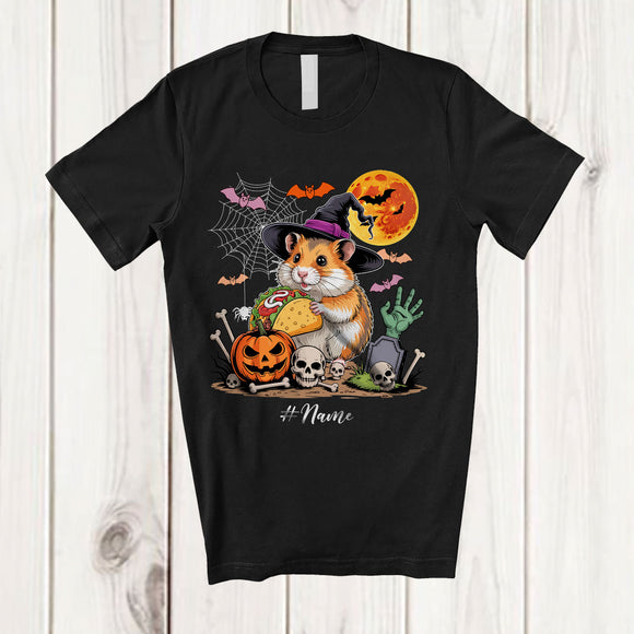MacnyStore - Personalized Witch Hamster Holding Taco; Humorous Halloween Custom Name Lunch Lady Chef T-Shirt