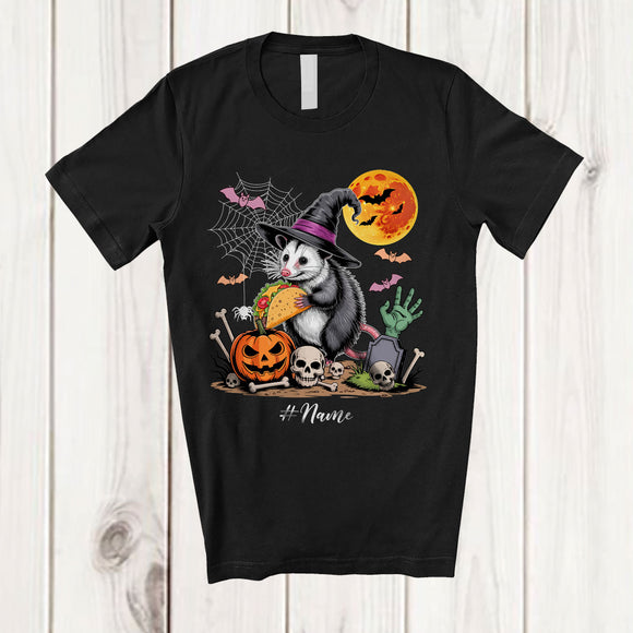MacnyStore - Personalized Witch Opossum Holding Taco; Humorous Halloween Custom Name Lunch Lady Chef T-Shirt