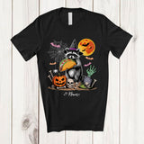 MacnyStore - Personalized Witch Raccoon Holding Taco; Humorous Halloween Custom Name Lunch Lady Chef T-Shirt