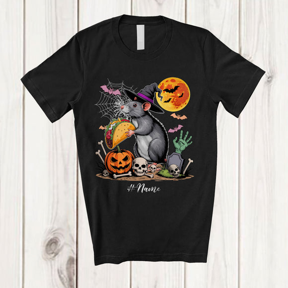 MacnyStore - Personalized Witch Rat Holding Taco; Humorous Halloween Custom Name Lunch Lady Chef T-Shirt