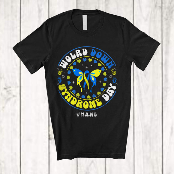 MacnyStore - Personalized World Down Syndrome Day; Lovely Custom Name Butterfly Hearts; Blue Yellow Ribbon T-Shirt