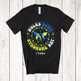 MacnyStore - Personalized World Down Syndrome Day; Lovely Custom Name Butterfly Hearts; Blue Yellow Ribbon T-Shirt