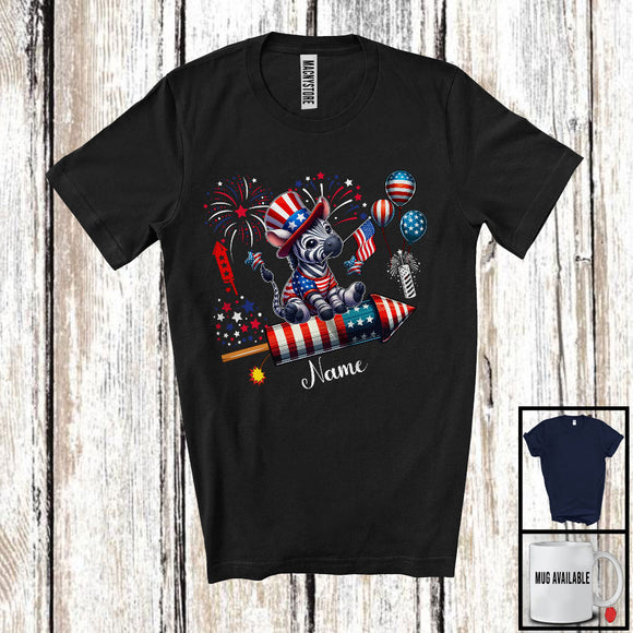 MacnyStore - Personalized Zebra Riding Firecracker, Lovely 4th Of July USA Flag Custom Name, Zoo Animal T-Shirt