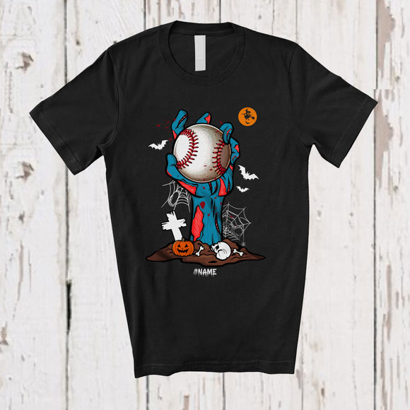 MacnyStore - Personalized Zombie Hand Holding Baseball Ball; Horror Halloween Custom Name Player Sport Team T-Shirt