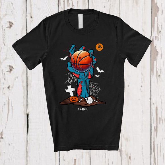 MacnyStore - Personalized Zombie Hand Holding Basketball Ball; Horror Halloween Custom Name Player Sport Team T-Shirt