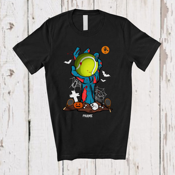 MacnyStore - Personalized Zombie Hand Holding Tennis Ball; Horror Halloween Custom Name Player Sport Team T-Shirt