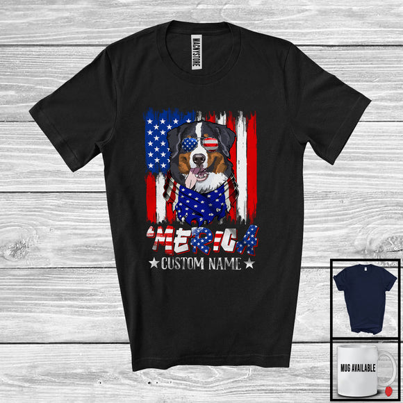 MacnyStore - Personalized 'Merica, Proud 4th Of July Custom Name Bernese Mountain, USA Flag Patriotic T-Shirt