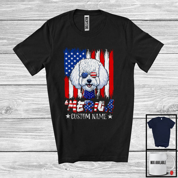 MacnyStore - Personalized 'Merica, Proud 4th Of July Custom Name Bichon Frise Owner, USA Flag Patriotic T-Shirt