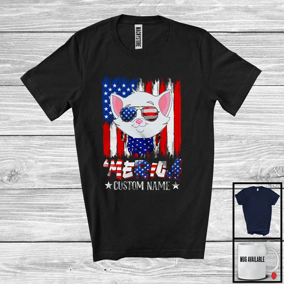 MacnyStore - Personalized 'Merica, Proud 4th Of July Custom Name Cat Owner, USA Flag Patriotic T-Shirt