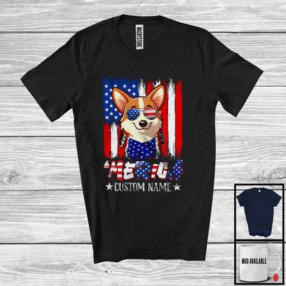 MacnyStore - Personalized 'Merica, Proud 4th Of July Custom Name Corgi Owner, USA Flag Patriotic T-Shirt