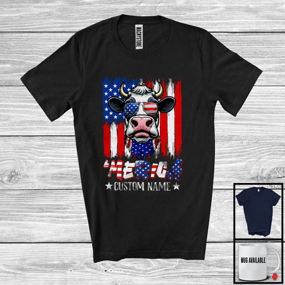 MacnyStore - Personalized 'Merica, Proud 4th Of July Custom Name Cow Owner, USA Flag Patriotic T-Shirt