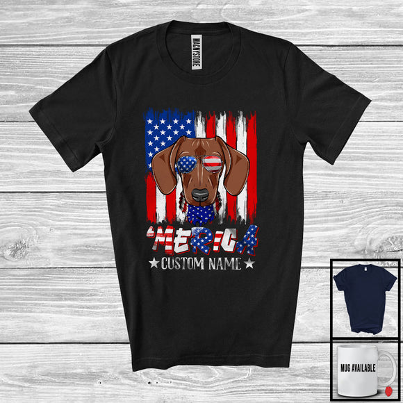 MacnyStore - Personalized 'Merica, Proud 4th Of July Custom Name Dachshund Owner, USA Flag Patriotic T-Shirt