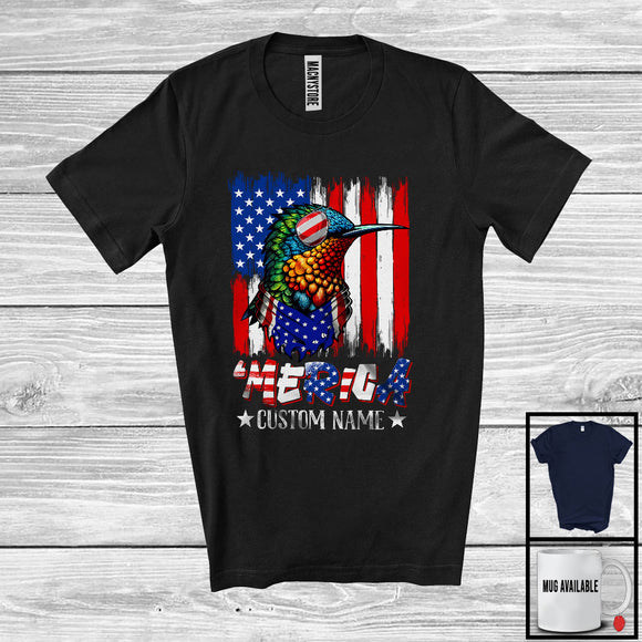MacnyStore - Personalized 'Merica, Proud 4th Of July Custom Name Hummingbird Owner, USA Flag Patriotic T-Shirt