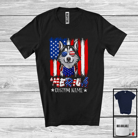 MacnyStore - Personalized 'Merica, Proud 4th Of July Custom Name Husky Owner, USA Flag Patriotic T-Shirt