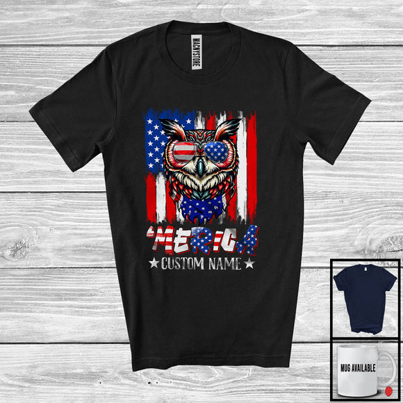 MacnyStore - Personalized 'Merica, Proud 4th Of July Custom Name Owl Owner, USA Flag Patriotic T-Shirt