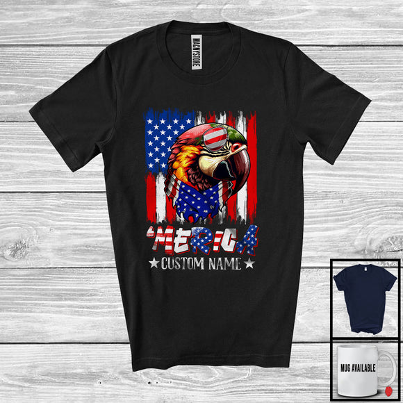 MacnyStore - Personalized 'Merica, Proud 4th Of July Custom Name Parrot Owner, USA Flag Patriotic T-Shirt