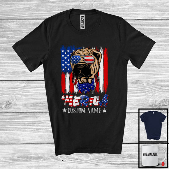 MacnyStore - Personalized 'Merica, Proud 4th Of July Custom Name Shar Pei Owner, USA Flag Patriotic T-Shirt