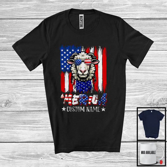 MacnyStore - Personalized 'Merica, Proud 4th Of July Custom Name Sheep Owner, USA Flag Patriotic T-Shirt