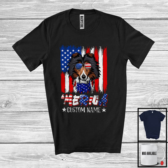 MacnyStore - Personalized 'Merica, Proud 4th Of July Custom Name Shetland Sheepdog, USA Flag Patriotic T-Shirt