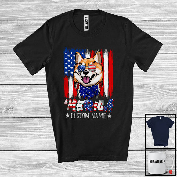 MacnyStore - Personalized 'Merica, Proud 4th Of July Custom Name Shiba Inu Owner, USA Flag Patriotic T-Shirt