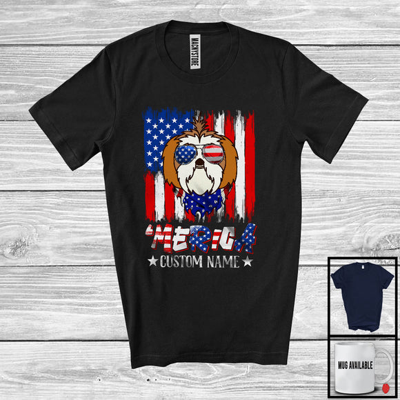 MacnyStore - Personalized 'Merica, Proud 4th Of July Custom Name Shih Tzu Owner, USA Flag Patriotic T-Shirt