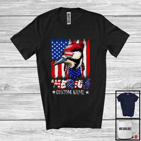 MacnyStore - Personalized 'Merica, Proud 4th Of July Custom Name Woodpecker Owner, USA Flag Patriotic T-Shirt
