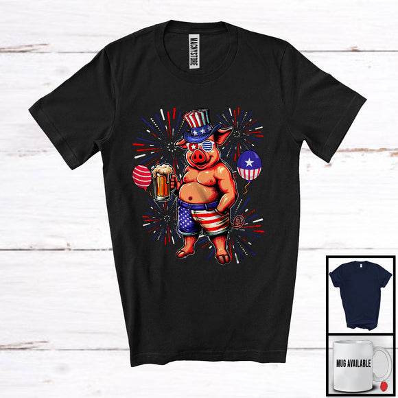 MacnyStore - Pig Drinking Beer, Cheerful 4th Of July Drunker Fireworks, Farmer American Flag Patriotic T-Shirt