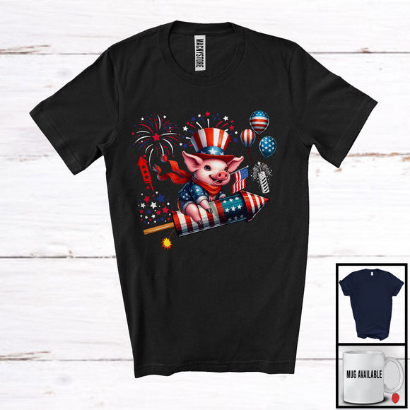 MacnyStore - Pig Riding Firecracker, Wonderful 4th Of July USA Flag Animal Farm Fireworks, Patriotic T-Shirt