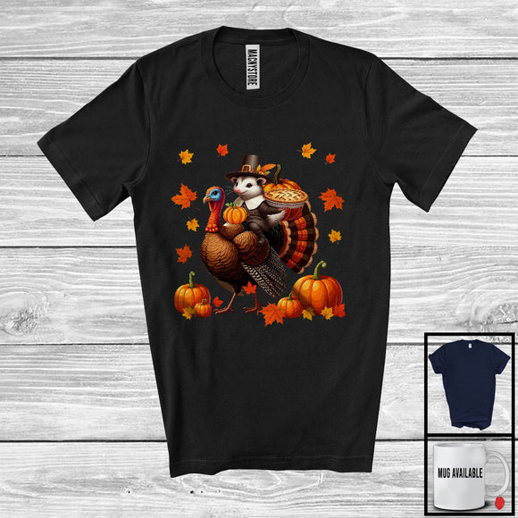 MacnyStore - Pilgrim Opossum Riding Turkey; Humorous Thanksgiving Autumn Pumpkins Opossum; Family Group T-Shirt