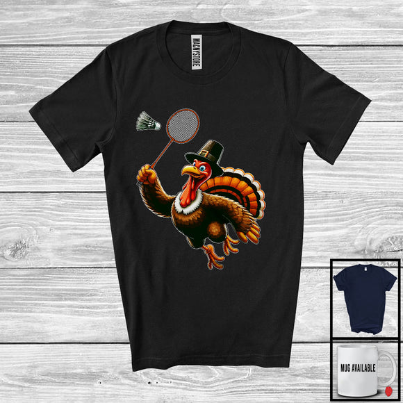 MacnyStore - Pilgrim Turkey Playing Badminton, Humorous Thanksgiving Turkey Lover, Sport Player Playing Team T-Shirt