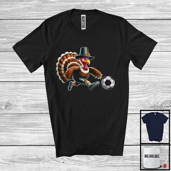 MacnyStore - Pilgrim Turkey Playing Soccer, Humorous Thanksgiving Turkey Lover, Sport Player Playing Team T-Shirt