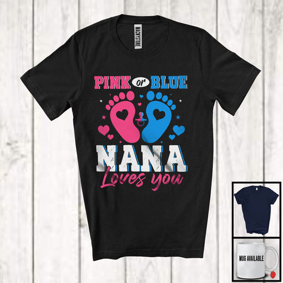 MacnyStore - Pink or Blue Nana Loves You, Wonderful Mother's Day Gender Reveal, Baby Footprints Family T-Shirt