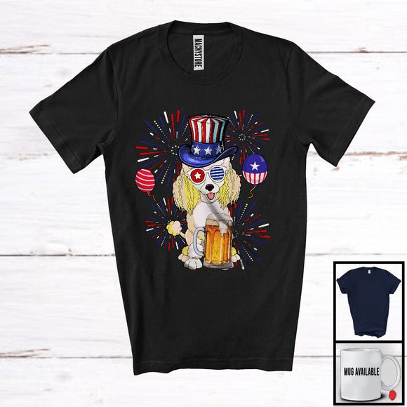 MacnyStore - Poodle Drinking Beer, Cheerful 4th Of July Drunker Fireworks, American Flag Patriotic Group T-Shirt