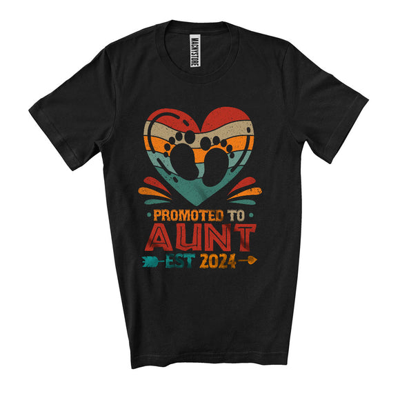 MacnyStore - Promoted To Aunt Est 2024, Cool Mother's Day Vintage Heart, Pregnancy Baby Footprints T-Shirt