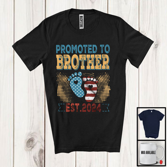 MacnyStore - Promoted To Brother 2024, Lovely 4th Of July Pregnancy Announcement, Vintage US Flag Family T-Shirt