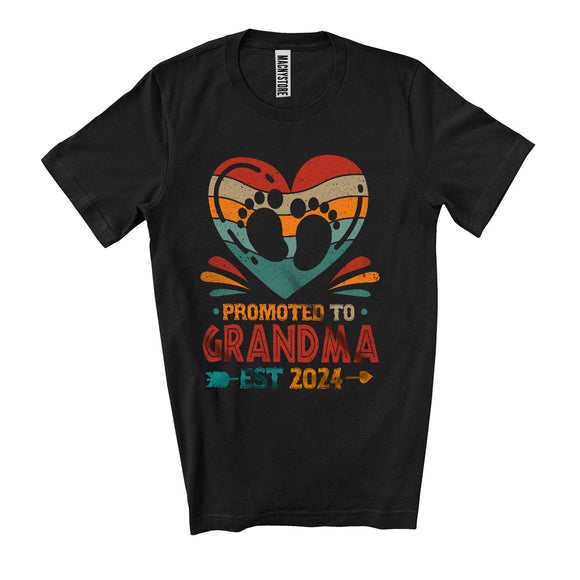 MacnyStore - Promoted To Grandma Est 2024, Cool Mother's Day Vintage Heart, Pregnancy Baby Footprints T-Shirt