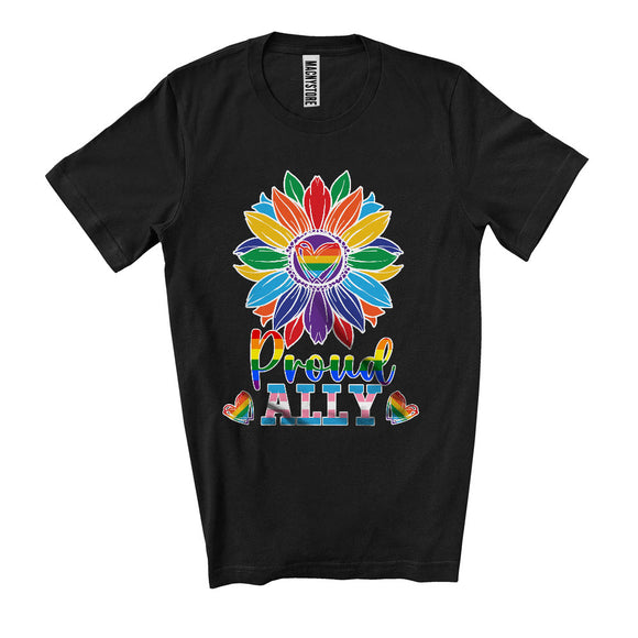 MacnyStore - Proud Ally, Colorful LGBTQ Pride Gay Rainbow Flag Sunflowers, Heart Shape Family Group T-Shirt