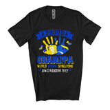 MacnyStore - Proud Grandpa World Down Syndrome Awareness Day, Lovely Blue And Yellow Ribbon Hand, Family T-Shirt