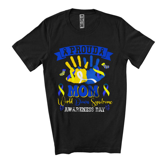 MacnyStore - Proud Mom World Down Syndrome Awareness Day, Lovely Blue And Yellow Ribbon Hand, Family T-Shirt