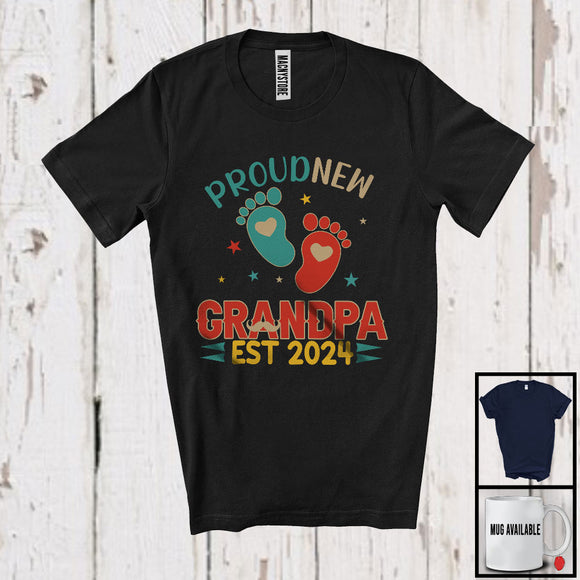 MacnyStore - Proud New Grandpa Est 2024, Humorous Father's Day Pregnancy Baby Footprints, Vintage Family T-Shirt