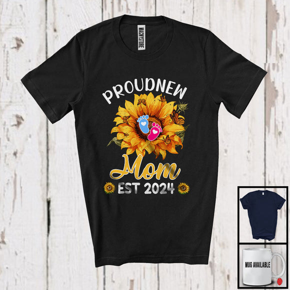MacnyStore - Proud New Mom Est 2024, Amazing Mother's Day Pregnancy Sunflowers, Family Group T-Shirt