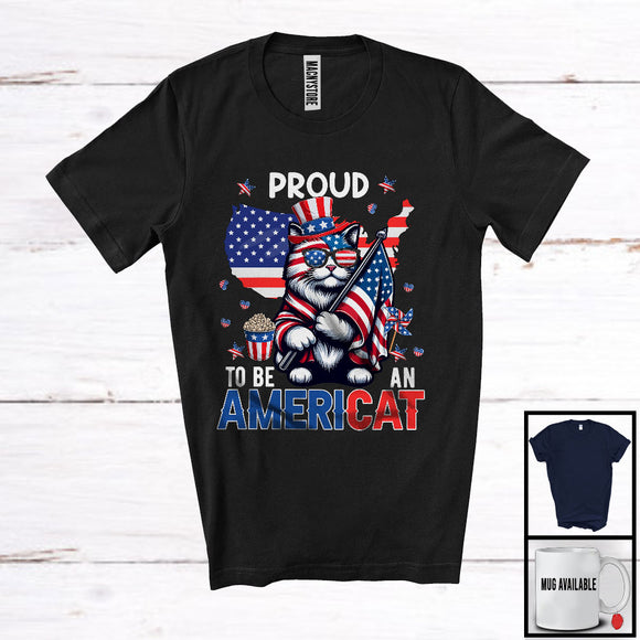 MacnyStore - Proud To Be An Americat, Adorable 4th Of July Cat Lover American Flag, Family Patriotic T-Shirt