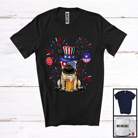 MacnyStore - Pug Drinking Beer, Cheerful 4th Of July Drunker Fireworks, American Flag Patriotic Group T-Shirt