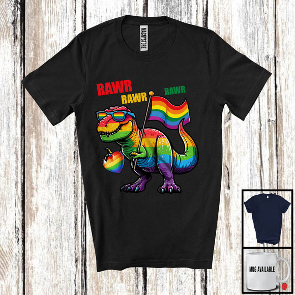 MacnyStore - Rawr Rawr, Lovely LGBTQ Pride LGBT T-Rex Holding Rainbow Heart Gay Flag, Dinosaur Lover T-Shirt