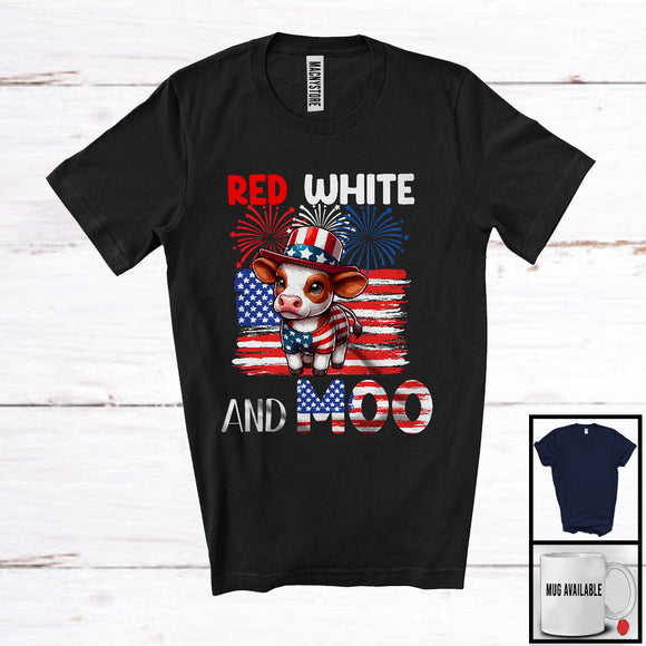 MacnyStore - Red White And Moo, Adorable 4th Of July Hat American Flag Cow, Patriotic Farm Animal Farmer T-Shirt