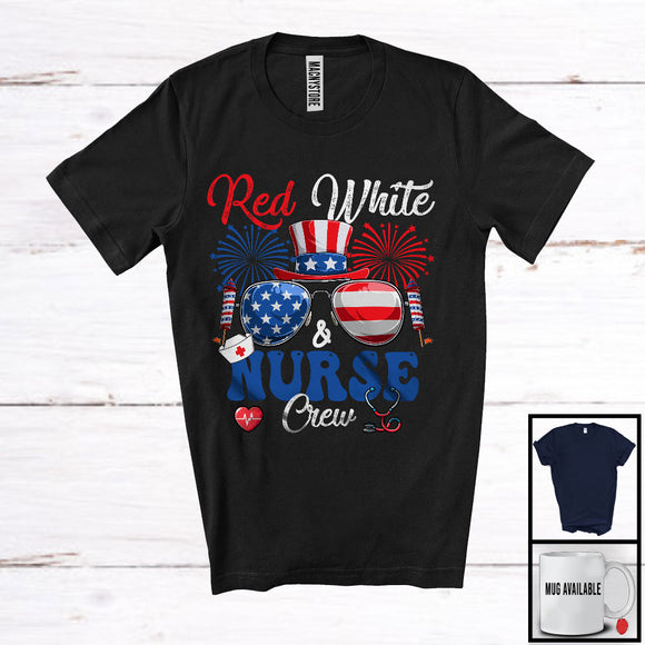 MacnyStore - Red White And Nurse Crew, Proud 4th Of July Nurse American Flag Glasses, Careers Jobs Group T-Shirt
