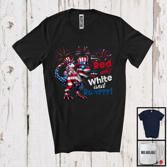 MacnyStore - Red White And Rawrrr, Humorous 4th Of July Unicorn Riding T-Rex Dinosaur, Patriotic Fireworks T-Shirt