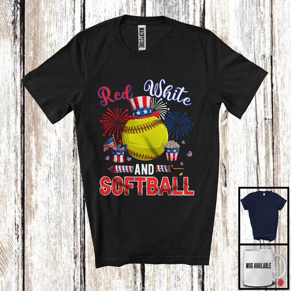 MacnyStore - Red White And Softball, Amazing 4th Of July American Flag Sport Player Lover, Patriotic Group T-Shirt